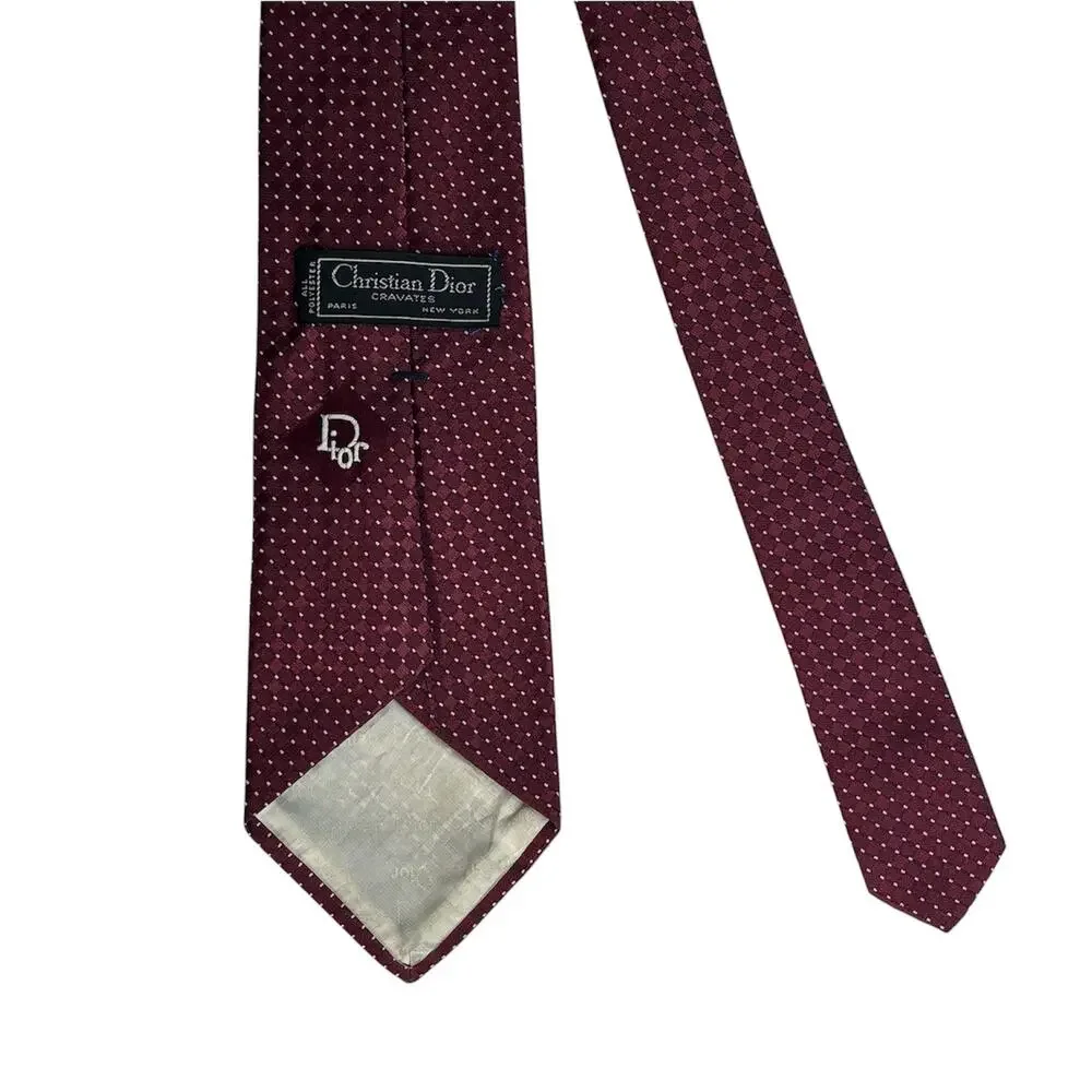 CHRISTIAN DIOR MENS NECKTIE BURGUNDY DOT PATTERN JACQUARD WEAVE “DIOR” LOGO - Picture 4 of 5